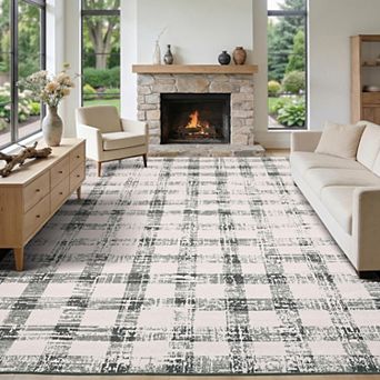Checkered Area Rug, Washable Modern Geometric Rug, Non Slip Low Pile Soft Carpet for Bedroom