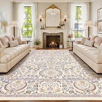 Vintage Boho Area Rug, Washable Floral Non-Slip Low-Pile Rug, Stain Resistant Soft Carpet