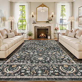 Vintage Boho Area Rug, Washable Floral Non-Slip Low-Pile Rug, Stain Resistant Soft Carpet
