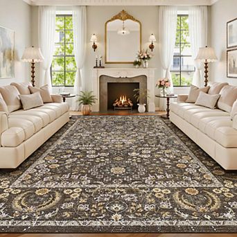Vintage Boho Area Rug, Washable Floral Non-Slip Low-Pile Rug, Stain Resistant Soft Carpet