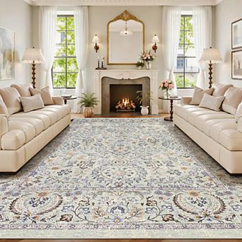 Vintage Boho Area Rug, Washable Floral Non-Slip Low-Pile Rug, Stain Resistant Soft Carpet