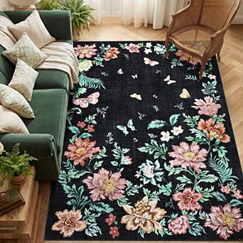 Washable Floral Area Rug, Non-Slip Low Pile Rug, Stain Resistance Carpet for Living Room