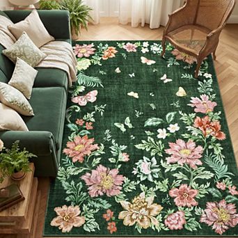 Washable Floral Area Rug, Non-Slip Low Pile Rug, Stain Resistance Carpet for Living Room
