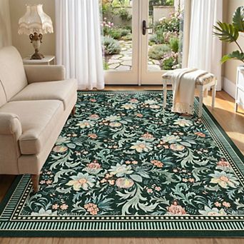 Washable Area Rug, Floral Soft Rug for Living Room, Non Slip Low Pile Carpet for Living Room