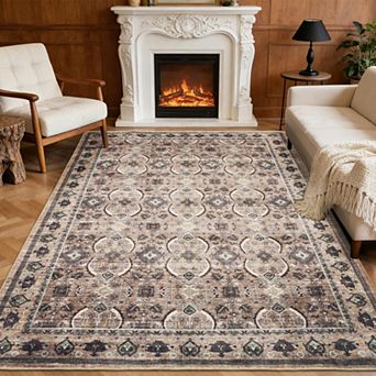 Area Rug, Washable Vintage Boho Rug, Low-Pile Non-Slip Stain Resistant Carpet for Living Room