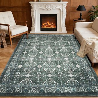 Area Rug, Washable Vintage Boho Rug, Low-Pile Non-Slip Stain Resistant Carpet for Living Room