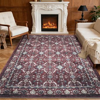 Area Rug, Washable Vintage Boho Rug, Low-Pile Non-Slip Stain Resistant Carpet for Living Room