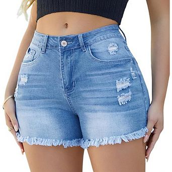 Women's High Waist Ripped Denim Shorts Frayed Raw Hem Stretchy Jean Shorts for Summer Casual Wear