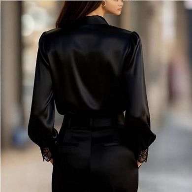 Women's V Neck Button Down Blouse Uniquely Designed Lace V Neck Puff Sleeve Top
