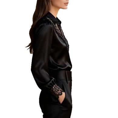 Women's V Neck Button Down Blouse Uniquely Designed Lace V Neck Puff Sleeve Top
