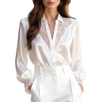 Women's V Neck Button Down Blouse Uniquely Designed Lace V Neck Puff Sleeve Top