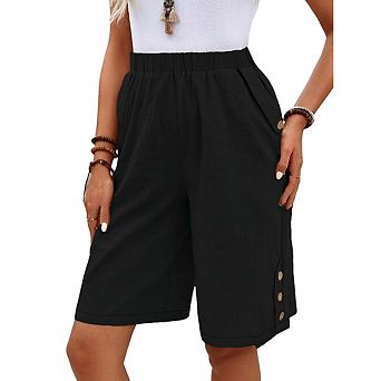 Women's High Waist Linen Blend Bermuda Shorts Elastic Waist Button Detail Casual Shorts with Pockets