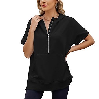 Women's Short Sleeve Zipper Top Hooded Loose Fitting Short Sleeve Zipper Pocket Thin Sweatshirt