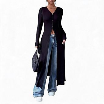 Women's V Neck Button Down Long Cardigan Casual Ribbed Knit Slit Sweater Going Out Tops