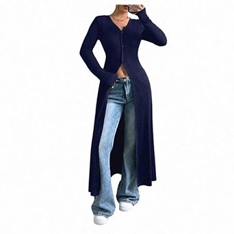Women's V Neck Button Down Long Cardigan Casual Ribbed Knit Slit Sweater Going Out Tops