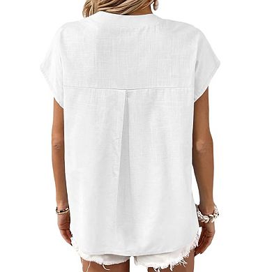 Women's Loose Fit Blouse V Neck Button Front Short Sleeve Casual Shirt