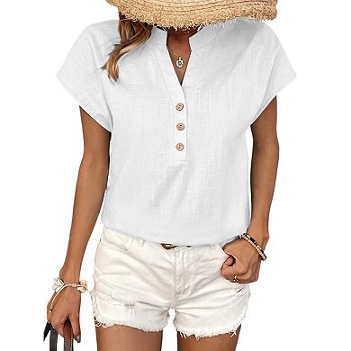 Women's Loose Fit Blouse V Neck Button Front Short Sleeve Casual Shirt