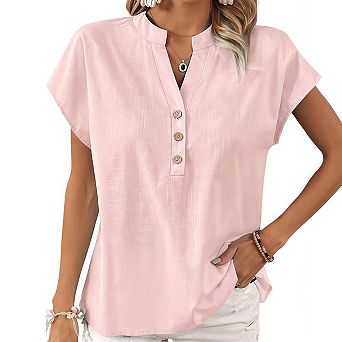 Women's Loose Fit Blouse V Neck Button Front Short Sleeve Casual Shirt