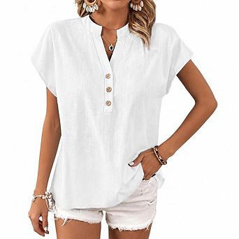 Women's Loose Fit Blouse V Neck Button Front Short Sleeve Casual Shirt