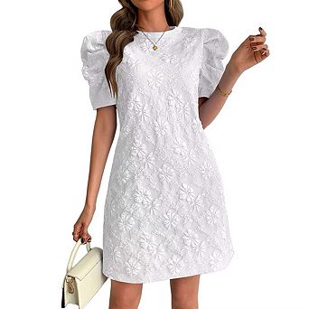 Women's Puff Sleeve Floral Jacquard Shift Mini Dresses Elegant Lightweight for Summer Casual