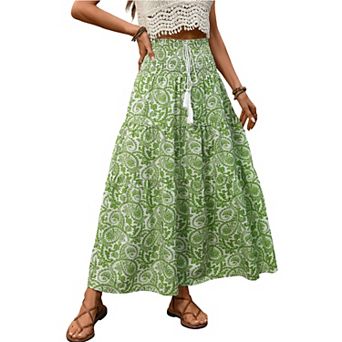 Women's Paisley Print Tiered Maxi Skirt, Elastic Waist Boho A-Line Skirt