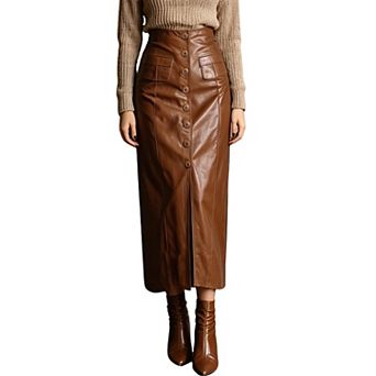 Women's High Waist Faux Leather Button Front Midi Pencil Skirt