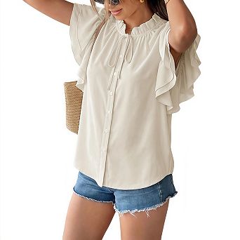 Women Dressy Blouses Casual Spring Summer Ruffle Neck Short Sleeve Work Shirts Tops Fashion Clothing