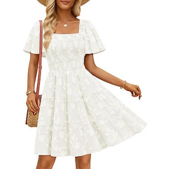 Womens Square Neck Flutter Sleeve Empire Waist Boho Floral Flowy A Line Mini Dress Summer Casual
