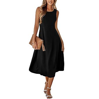 Women Cocktail Semi Formal Summer Aline Long Flowy Wedding Guest Crewneck Sleeveless Midi Dress