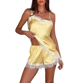 LYTHMER Womens Lace Trim Pajama Set Cami Top with Shorts Sleepwear Loungewear