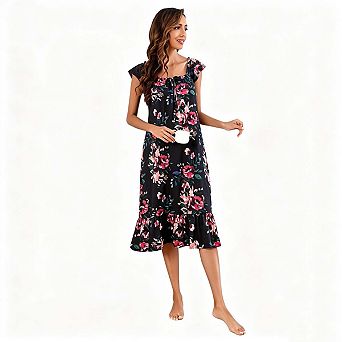 LYTHMER Womens Floral Print Sleep Dress Square Neck Ruffle Hem Nightgown