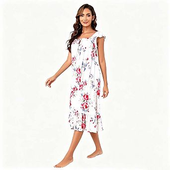 LYTHMER Womens Floral Print Sleep Dress Square Neck Ruffle Hem Nightgown
