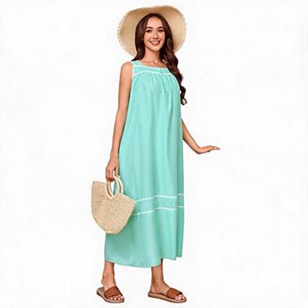 LYTHMER Womens Sleeveless Sleep Dress Square Neck Button Detail Long Nightgown