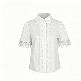 Women's Lace Trim Button-Down Shirt Short Sleeve Collared Casual Blouse