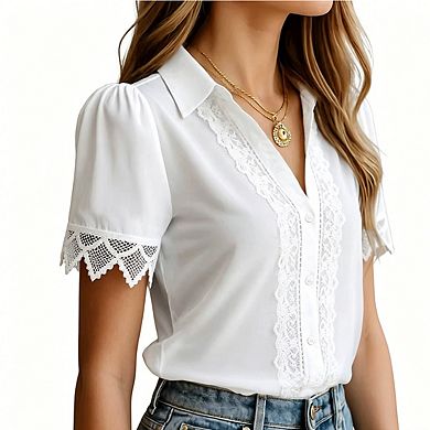 Women's Lace Trim Button-Down Shirt Short Sleeve Collared Casual Blouse