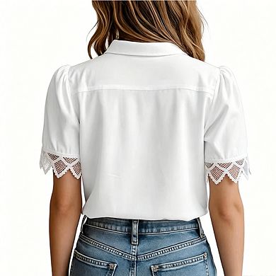Women's Lace Trim Button-Down Shirt Short Sleeve Collared Casual Blouse