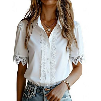 Women's Lace Trim Button-Down Shirt Short Sleeve Collared Casual Blouse