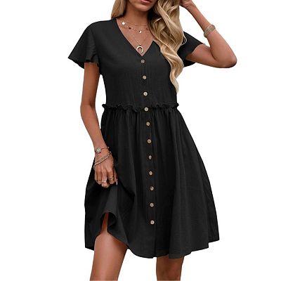 v neck button down midi dress Blue Linen Midi Dress with Deep V-Neck and Button-Down Front