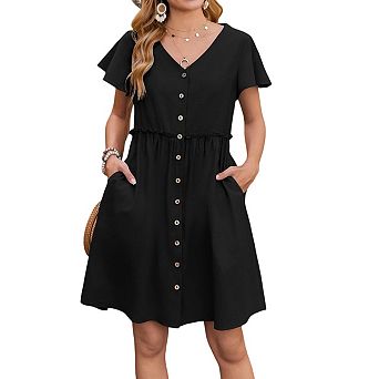 Women's V-Neck Ruffle Sleeve Button Down Swing Midi Dress with Pockets Summer Casual Party