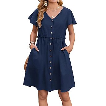 Women's V-Neck Ruffle Sleeve Button Down Swing Midi Dress with Pockets Summer Casual Party