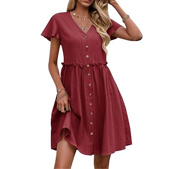 Women's V-Neck Ruffle Sleeve Button Down Swing Midi Dress with Pockets Summer Casual Party
