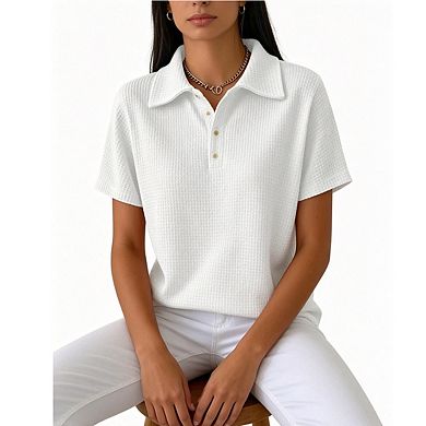 Women's Waffle Knit Polo Shirt Short Sleeve Button-Down Collared Casual Top