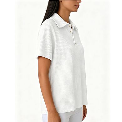 Women's Waffle Knit Polo Shirt Short Sleeve Button-Down Collared Casual Top