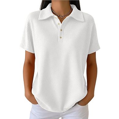 Women's Waffle Knit Polo Shirt Short Sleeve Button-Down Collared Casual Top