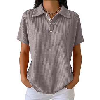 Women's Waffle Knit Polo Shirt Short Sleeve Button-Down Collared Casual Top