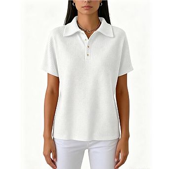 Women's Waffle Knit Polo Shirt Short Sleeve Button-Down Collared Casual Top
