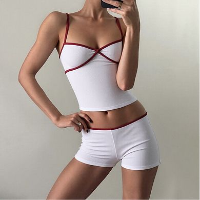 Women's Ribbed Contrast-Trim Cami and Short Set Two-Piece Loungewear