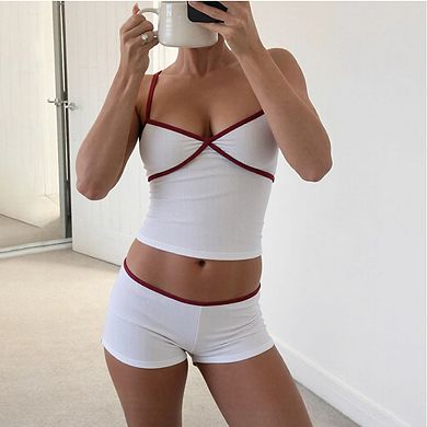 Women's Ribbed Contrast-Trim Cami and Short Set Two-Piece Loungewear
