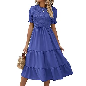 Women's Crew Nek Short Puff Sleeve Smocked Midi Dress Casual Elastic Waist Flowy Tiered A Line