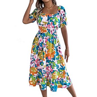 Women's Boho Square Neck Puff Sleeve Flowy Ruffle Babydoll Midi Dresses for Summer Casual
